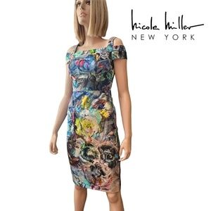 Nicole Miller New York Wiggle Sheath Dress Cold Shoulder Abstract Floral Multi